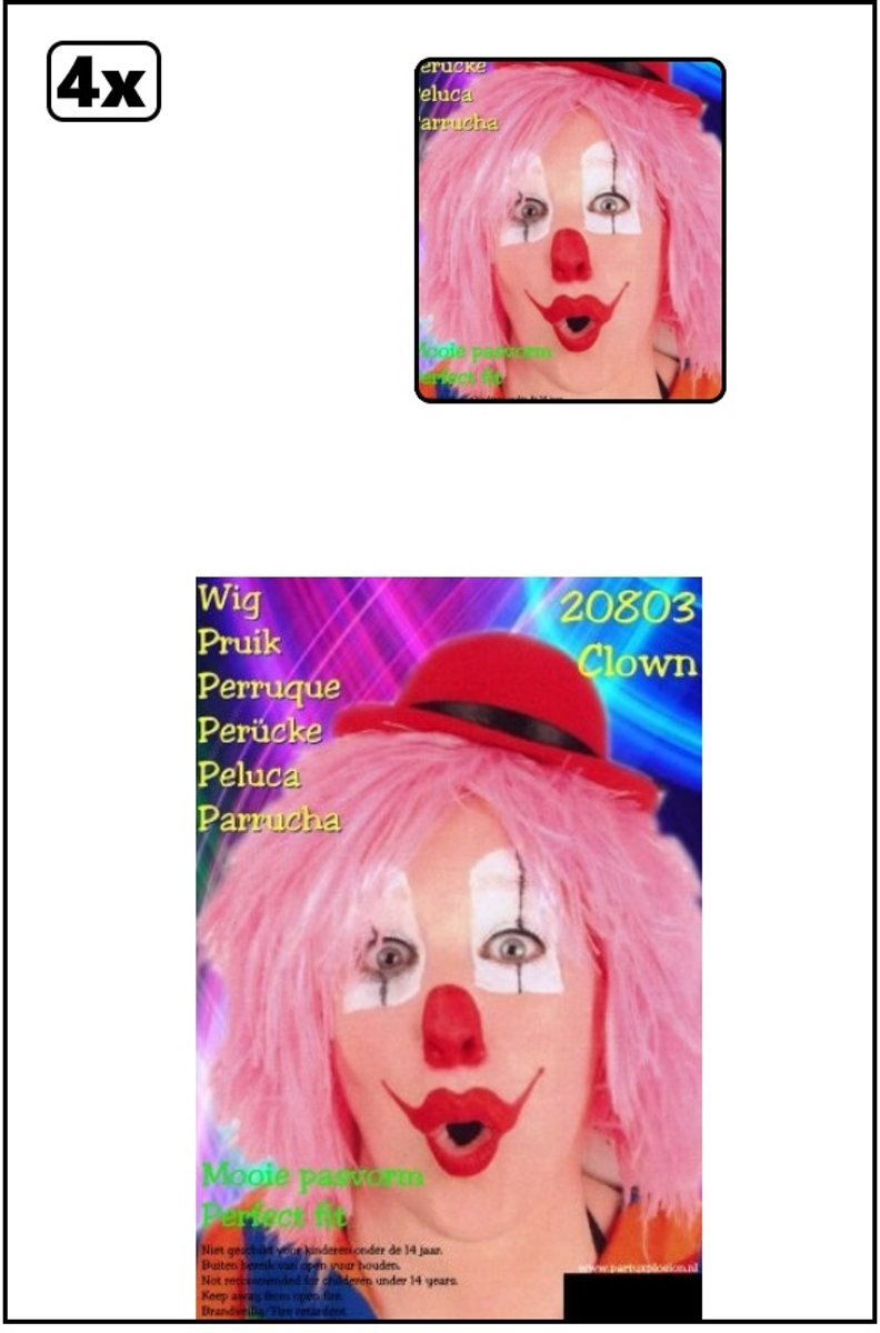 4x Clownspruik pink