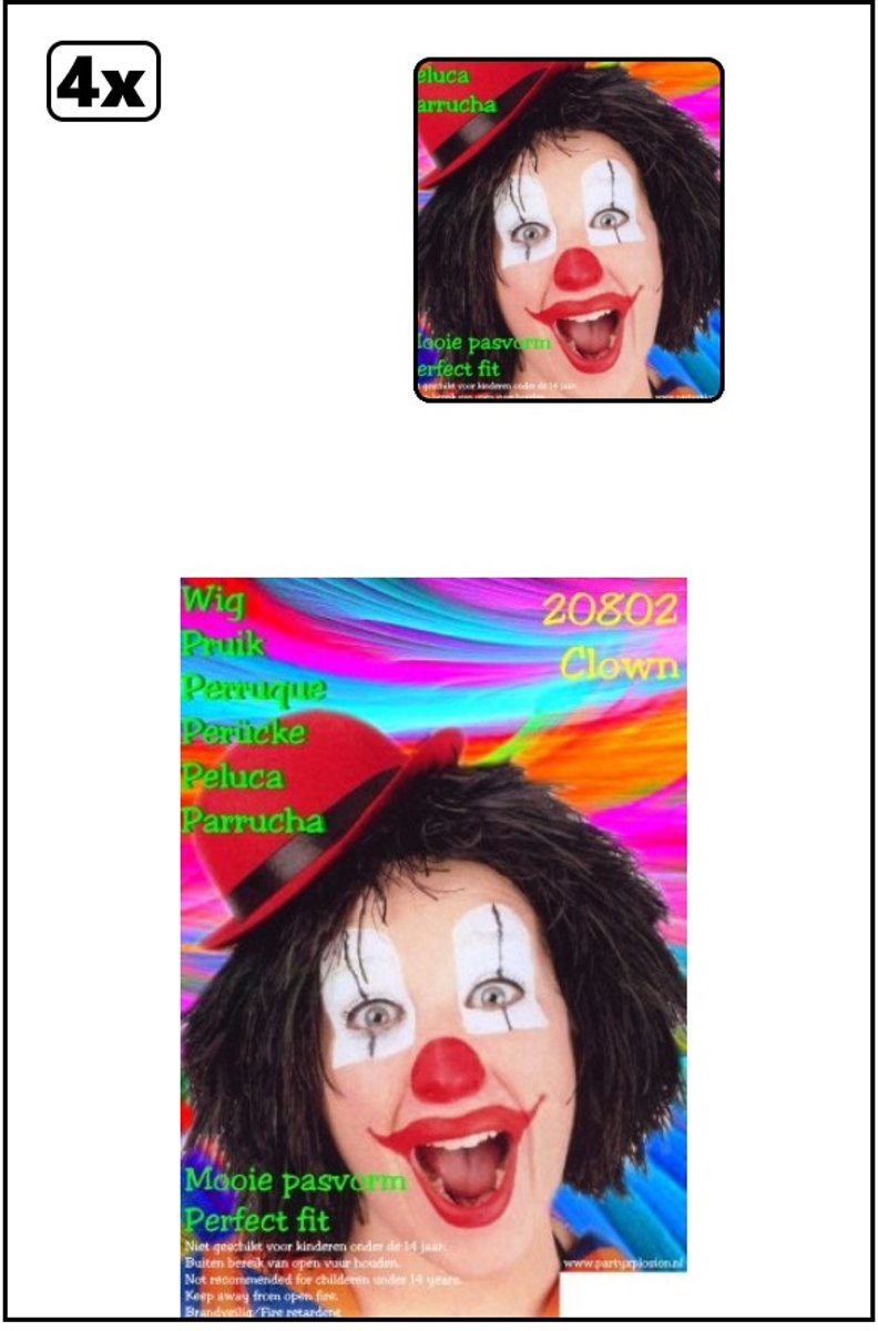 4x Clownspruik zwart