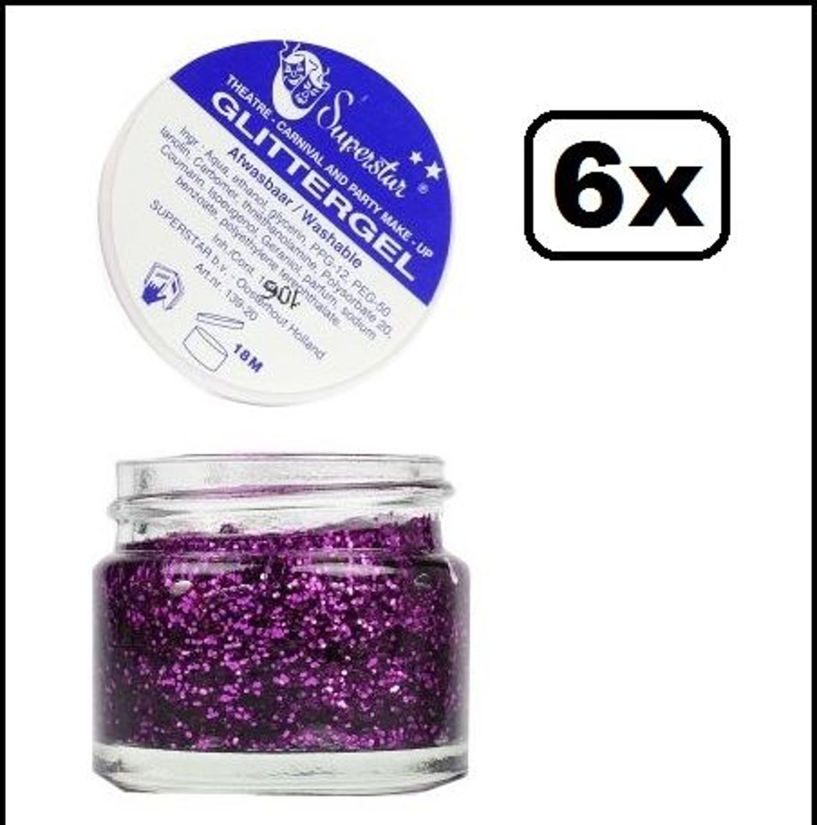 6x Gel superstar glitterpaars (huid&haar) 15 ml