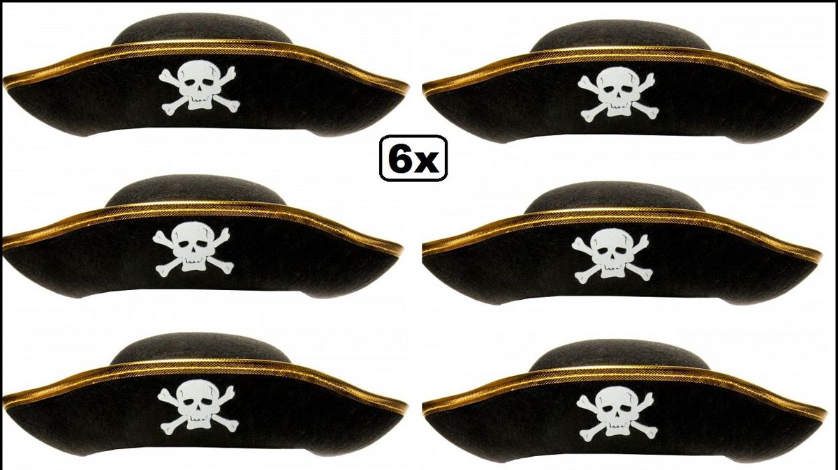 6x Piratenhoed junior 33 cm zwart/goud