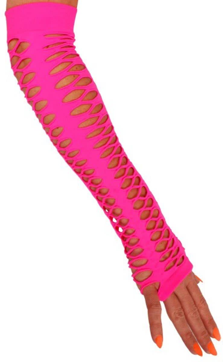 Handschoenen vingerloos grote gaten pink 40 cm