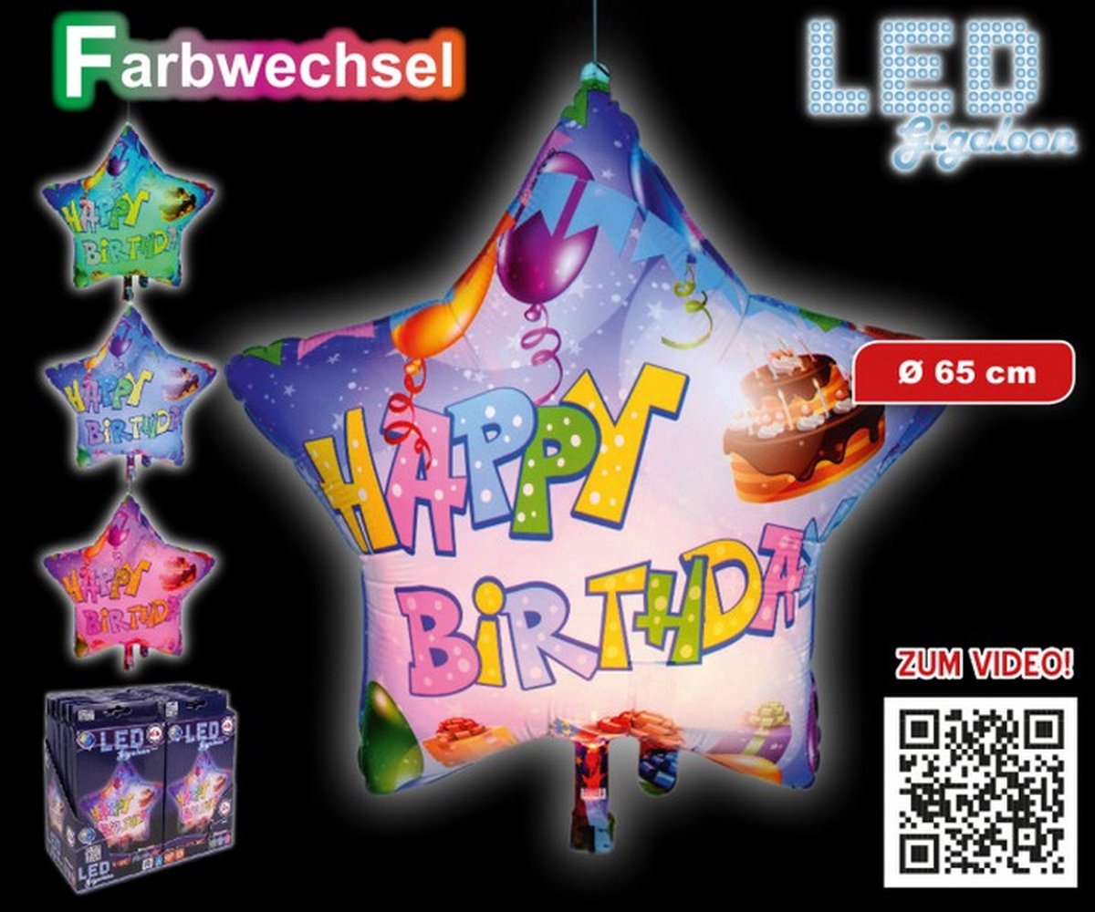 folieballon Happy Birthday ster led 65 cm