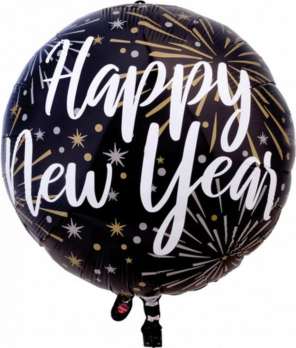 led-ballon Happy New Year rond 65 cm zwart