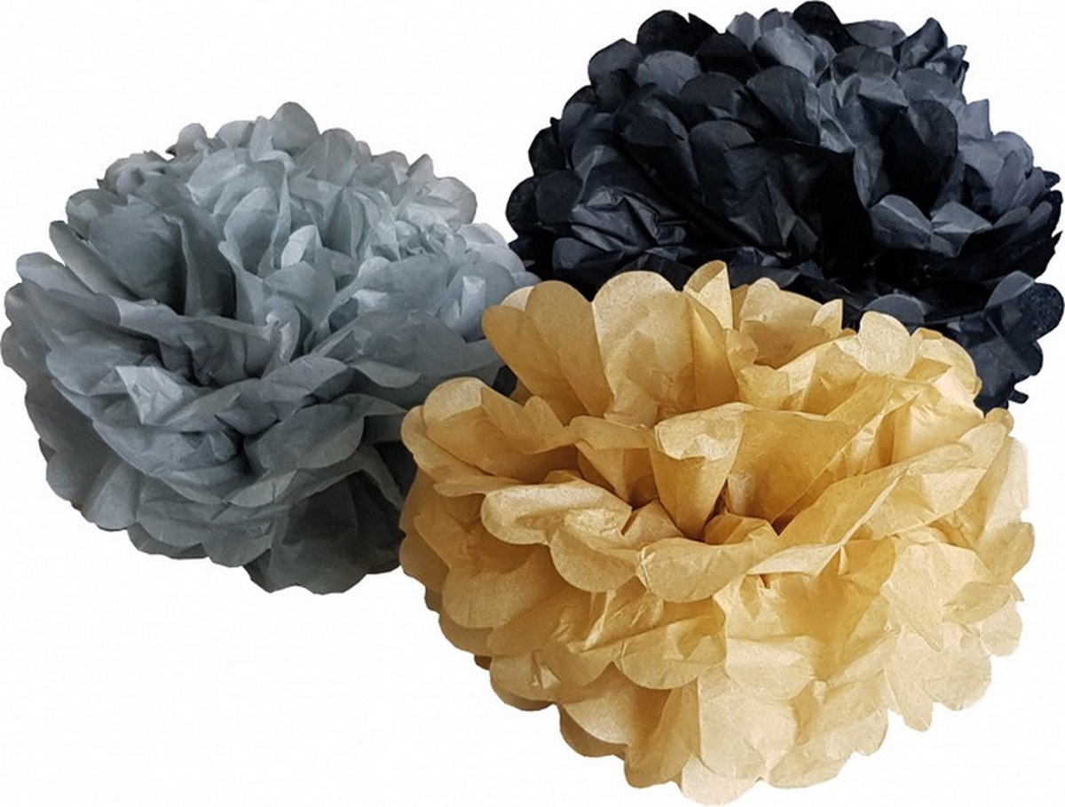 pompoms Classy papier zwart/geel/grijs 3-delig