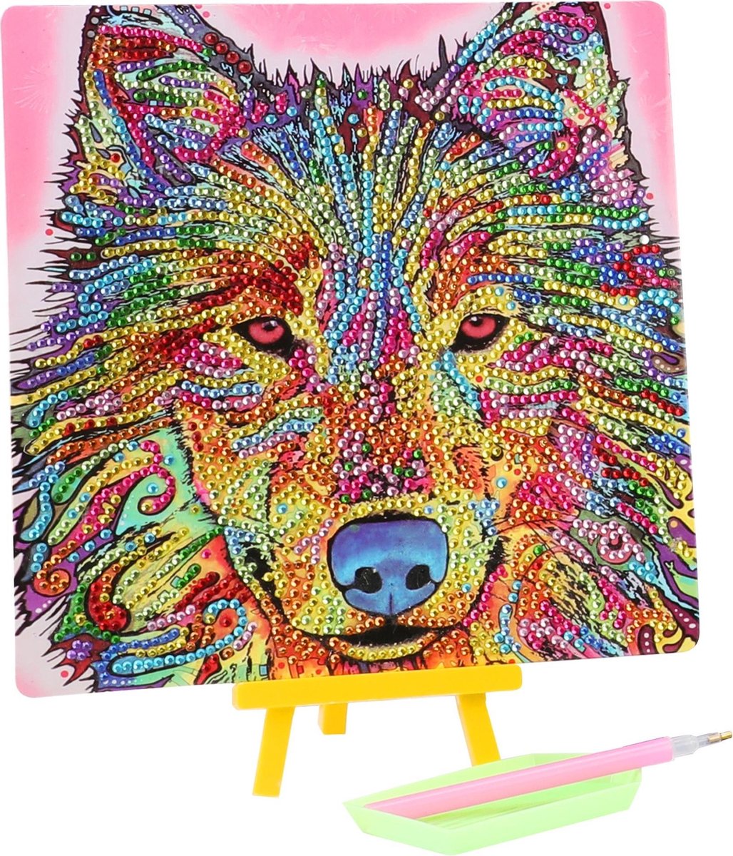 Diamond Painting Kinderen - Volledig Pakket - Hobby - Ronde Steentjes - 5D Canvas - Dieren  - Mandala Wolf20 x 20 cm