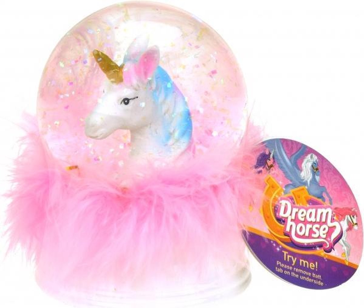 nachtlamp/sneeuwbol Dream Horse led 9 cm wit/roze