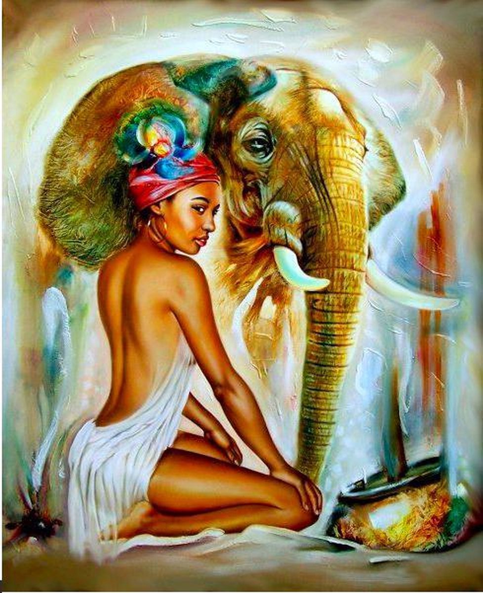 TOPMO - Afrikaanse vrouw met olifant- 40 x 50 CM - Diamond painting pakket - HQ Diamond Painting - volledig dekkend - Diamant Schilderen - voor Volwassenen – ROND