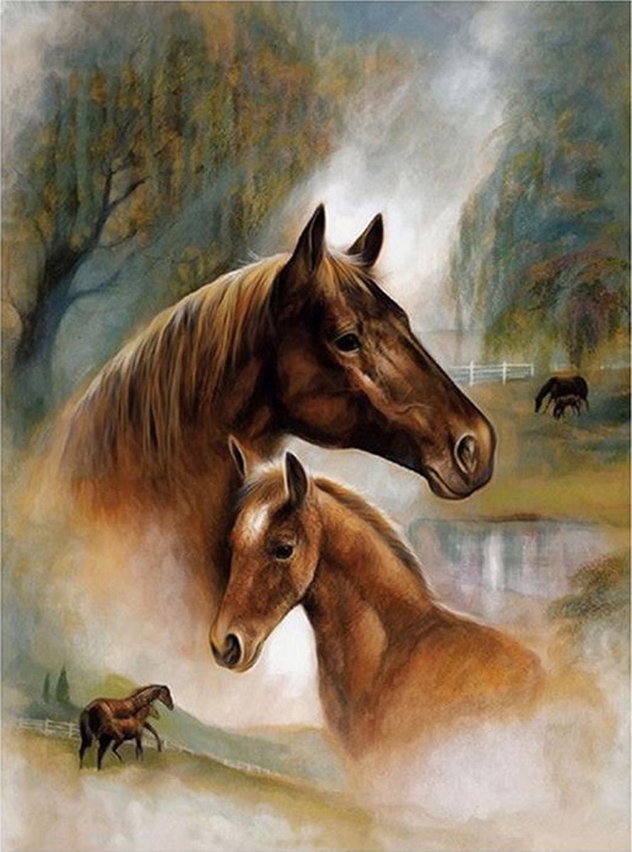 TOPMO - Bruine paarden - 40X50CM- Diamond painting pakket - HQ Diamond Painting - VOLLEDIG dekkend - Diamant Schilderen - voor Volwassenen – ROND- Diamond DOTZ