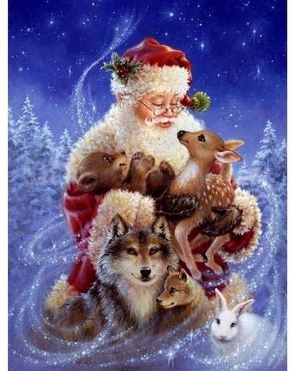 TOPMO - De Kerstman en zijn dierenvriendjes - KERST- DECEMBER- 40X50CM- Diamond painting pakket - HQ Diamond Painting - VOLLEDIG dekkend - Diamant Schilderen - voor Volwassenen – ROND- Diamond DOTZ