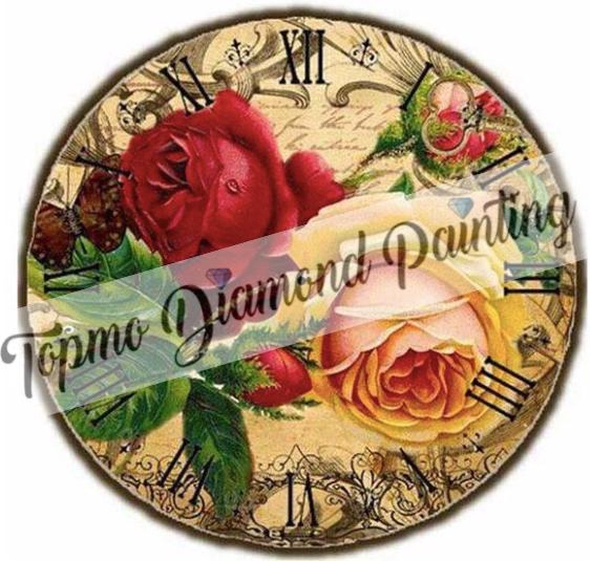 TOPMO - Diamond Painting klok Rozen - 30X30CM - Diamond painting pakket - HQ Diamond Painting - VOLLEDIG dekkend - Diamant Schilderen - voor Volwassenen – ROND- Diamond DOTZ