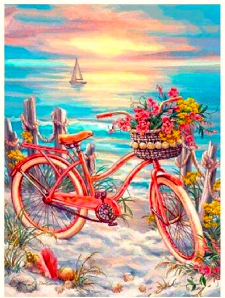 TOPMO - Fiets aan de Duinen - 40X50CM- Diamond painting pakket - HQ Diamond Painting - VOLLEDIG dekkend - Diamant Schilderen - voor Volwassenen – ROND- Diamond DOTZ