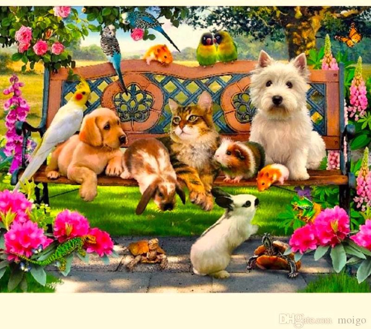 TOPMO - Honden en kattenbloementuin - 40X50CM- Diamond painting pakket - HQ Diamond Painting - VOLLEDIG dekkend - Diamant Schilderen - voor Volwassenen – ROND- Diamond DOTZ