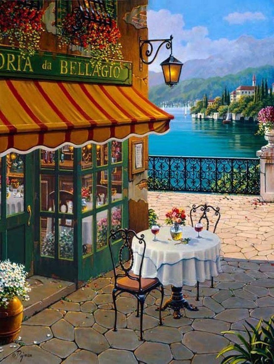 TOPMO - Italië , Bellagio, - cafe - Diamond painting pakket - HQ Diamond Painting - volledig dekkend - Diamant Schilderen – voor Volwassenen – ROND - 40 x 50 CM