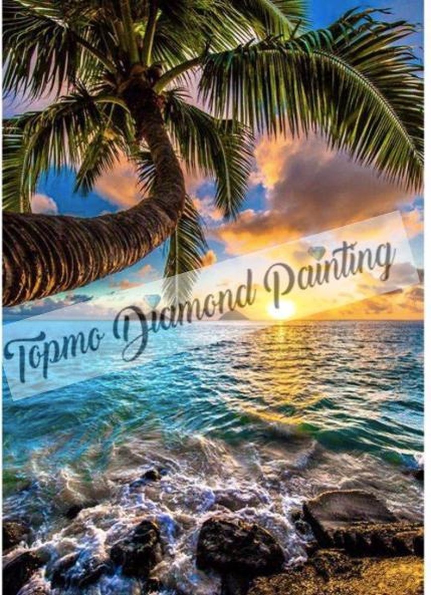 TOPMO - Palmboom , zonsondergang en een blauwe oceaan- 40X50CM- Diamond painting pakket - HQ Diamond Painting - VOLLEDIG dekkend - Diamant Schilderen - voor Volwassenen – ROND- Diamond DOTZ