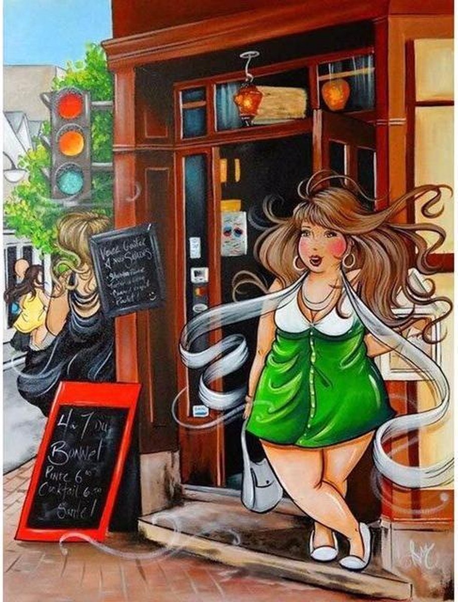 TOPMO- Dikke dames op straat - Groen jurkje - Fat Women Art - 40 x 50 CM - Diamond painting pakket - HQ Diamond Painting - VOLLEDIG dekkend - Diamant Schilderen - voor Volwassenen – ROND