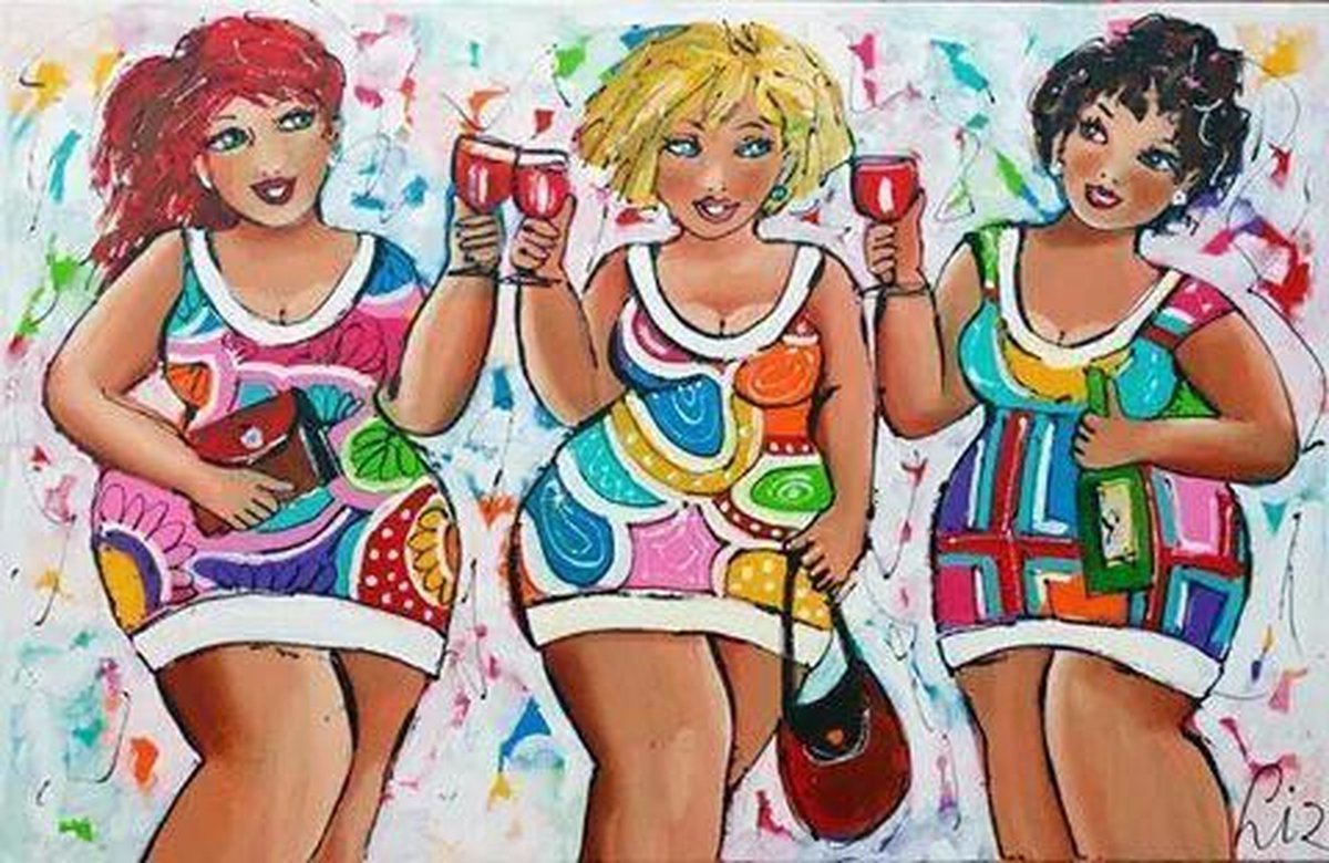 TOPMO- GEZELLIGE dikke dames- Kleurrijk dikke dames abstract achtergrond- Party- 40 x 50 CM - Diamond painting pakket - HQ Diamond Painting - volledig dekkend - Diamant Schilderen - voor Volwassenen – ROND