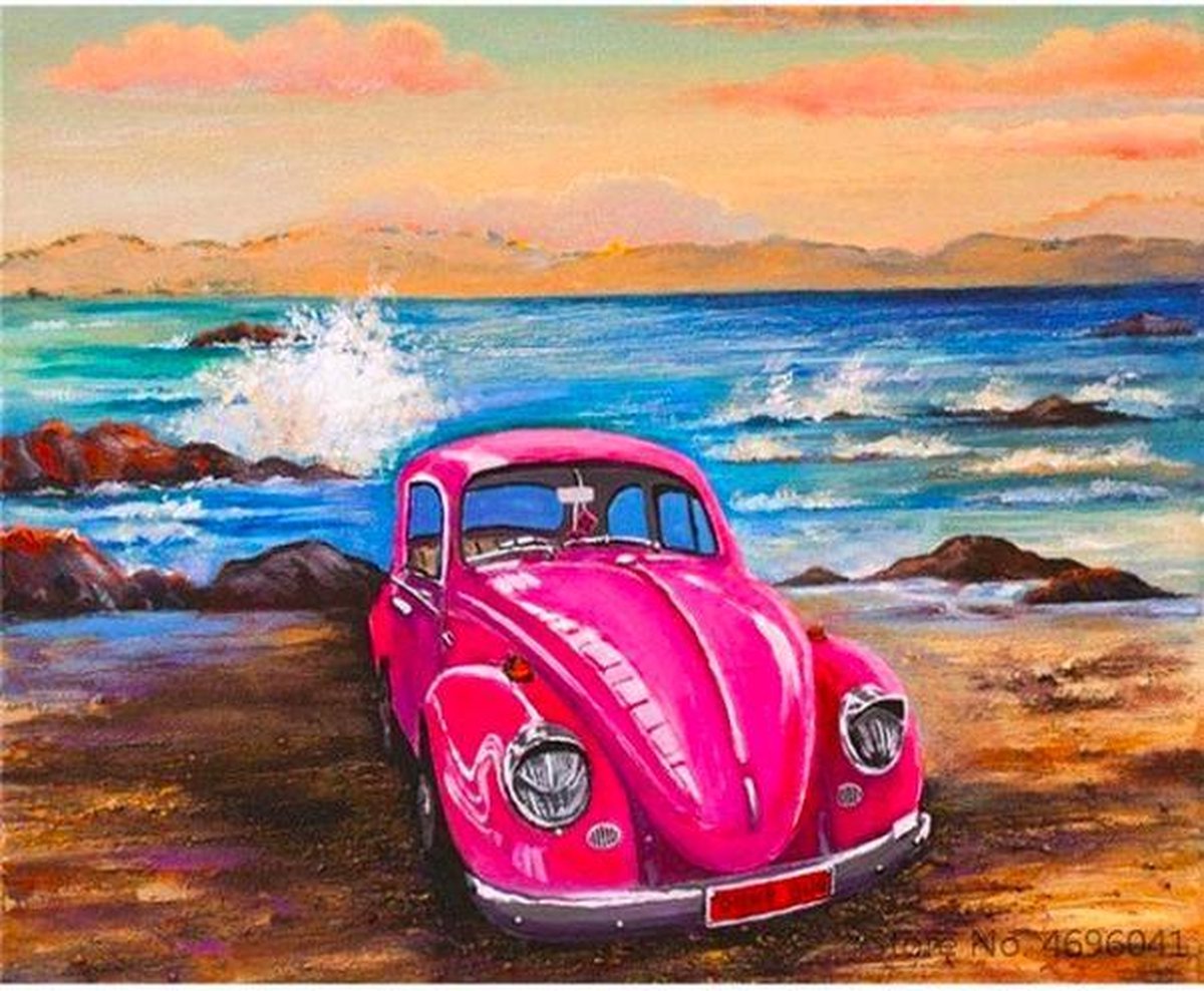 TOPMO- Rode Volkswagen kever- aan zee- 40 x 50 CM - Diamond painting pakket - HQ Diamond Painting - volledig dekkend - Diamant Schilderen - voor Volwassenen – ROND