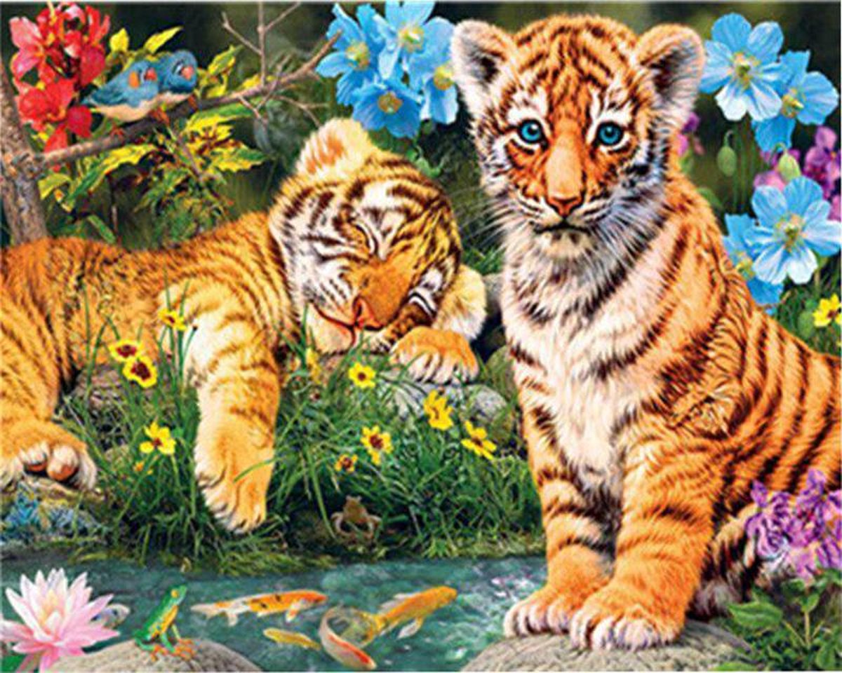 TOPMO- Tijger welpjes - 40 x 50 CM - Diamond painting pakket - HQ Diamond Painting - VOLLEDIG dekkend - Diamant Schilderen - voor Volwassenen – ROND