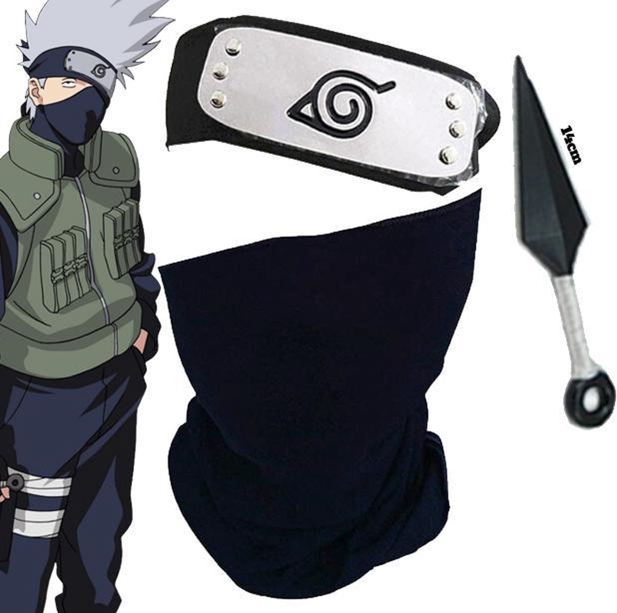 Naruto Hoofdband + Col Sjaal + Darts  - Kakashi - Verkleedkleren - Anime - Hidden Leaf - Carnaval Headband - Merchandise