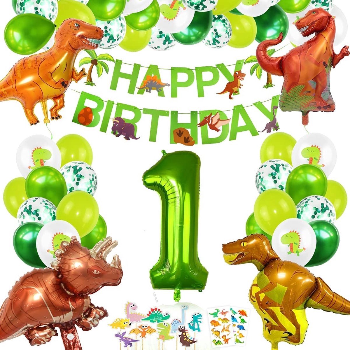 63-delig feestpakket dinosaurus - 30 stuks ballonnen - 1 jaar jongen - Dinosaurus thema feestje - Dino versiering - Dino feestartikelen - Dino slinger - Dino ballonnen - Dino kinderfeestje