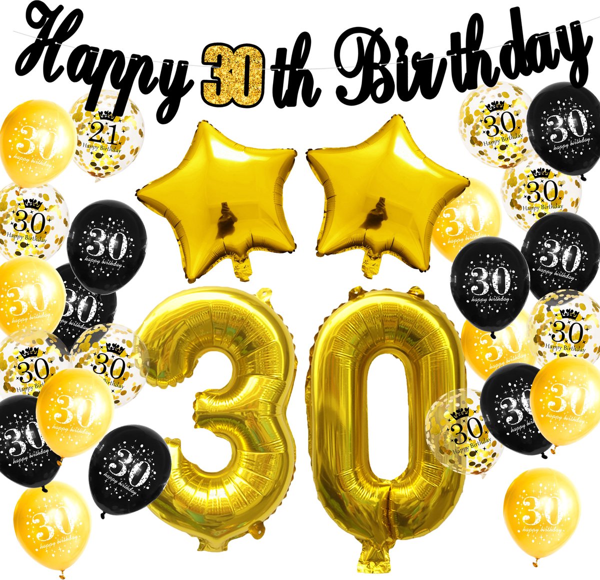 TripleAgoods 29-delig Goud / Zwart 30 jaar verjaardag versiering - 30 jaar verjaardag - 30 jaar - 30 jaar slingers - 30 jaar ballonnen - feestversiering - 30 jaar verjaardag man / vrouw - 30 jaar versiering