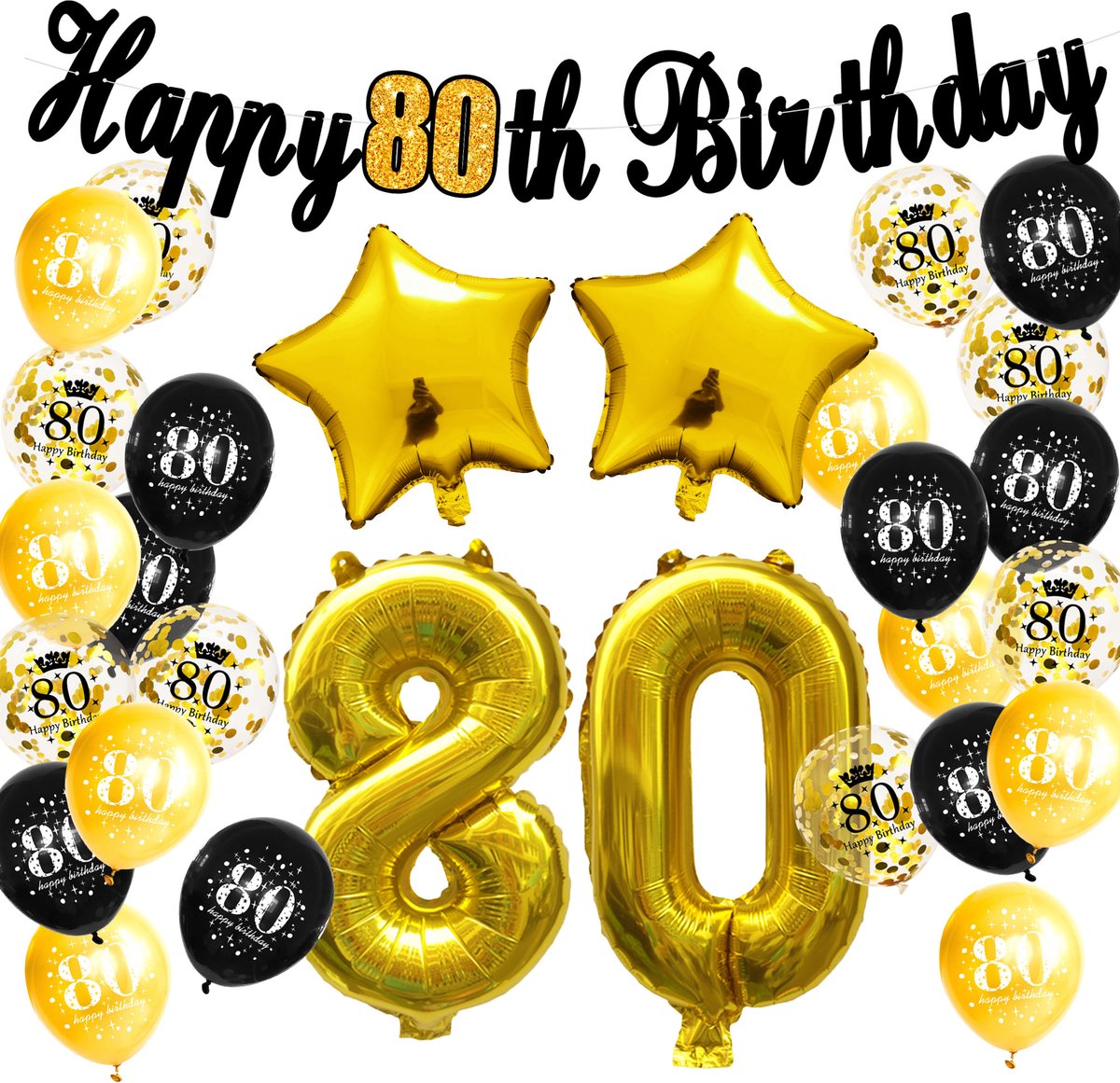 TripleAgoods 29-delig Goud / Zwart 80 jaar verjaardag versiering - 80 jaar verjaardag - 80 jaar - 80 jaar slingers - 80 jaar ballonnen - feestversiering - 80 jaar verjaardag man / vrouw - 80 jaar versiering