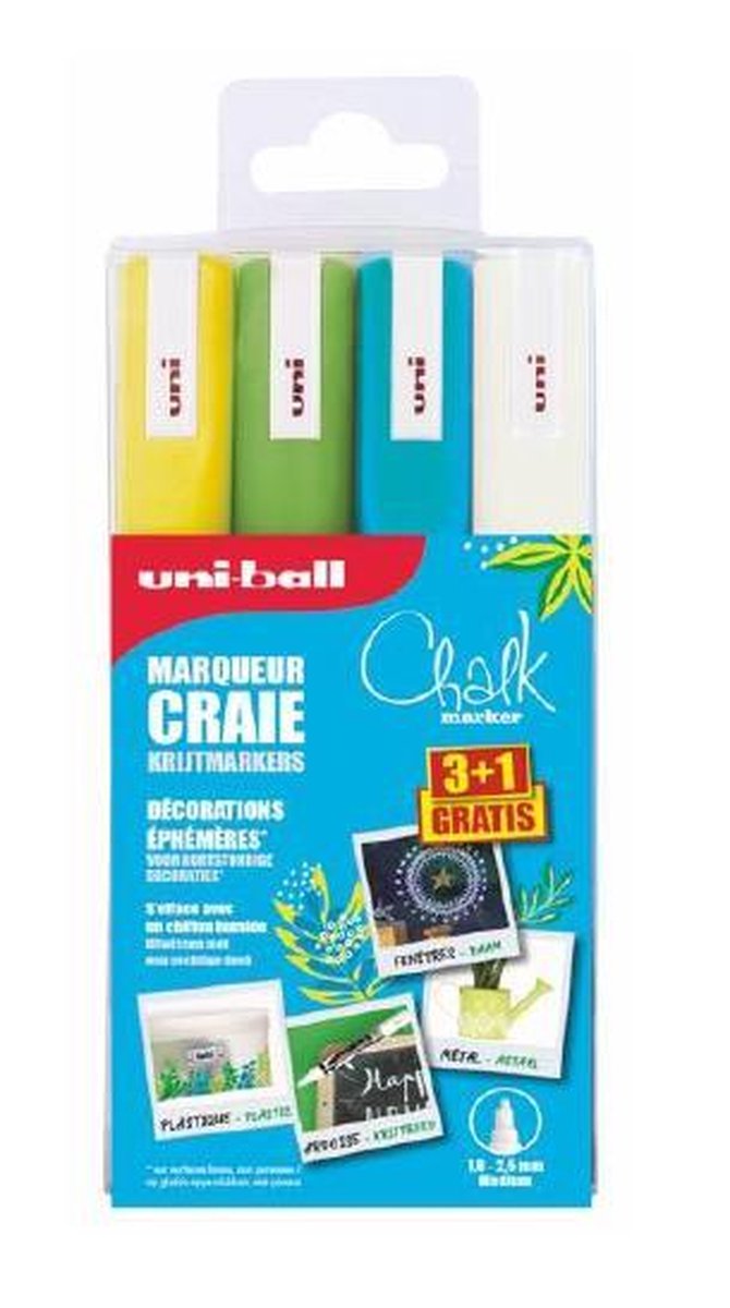 Krijtstift – Uni-Ball Chalk PWE-5M – krijtmarker - Neon geel-groen-blauw-wit – etui á 4 stuks.