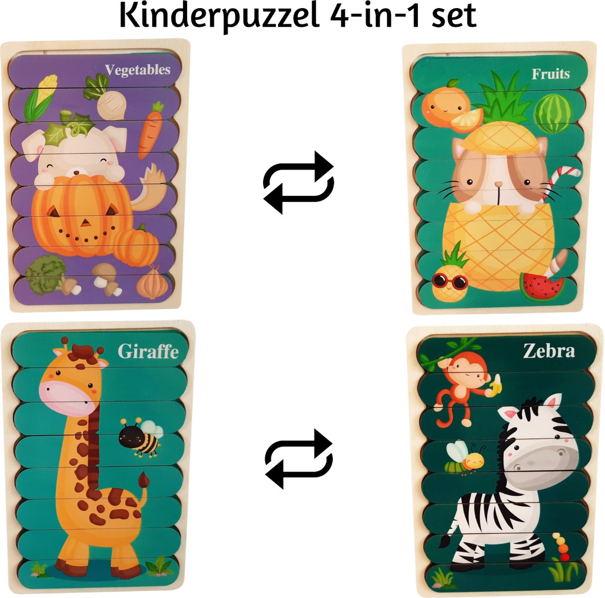 Houten Puzzel - Dubbelzijdige Kinderpuzzels - Set 4-in-1 - Montessori Speelgoed - Set Dieren 2