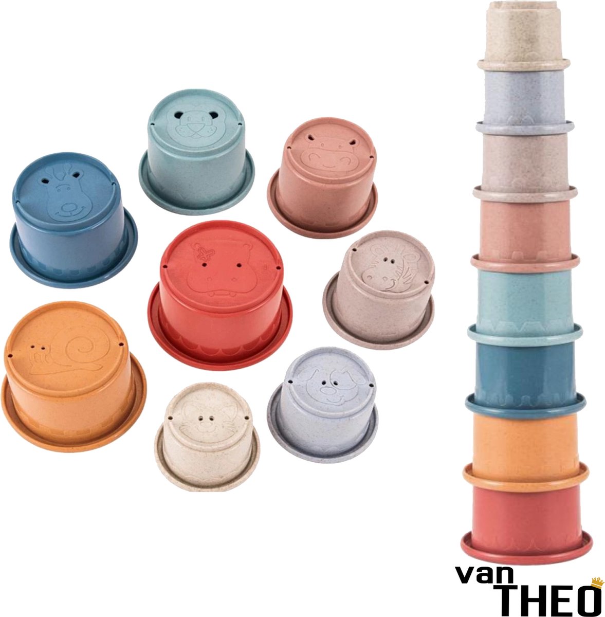 van Theo® Stapeltoren - Stapelbekers - Baby Speelgoed vanaf 0 jaar - Zand Strand Bad Box - Stacking Cups - 8 Kleuren en Dieren - Pastel