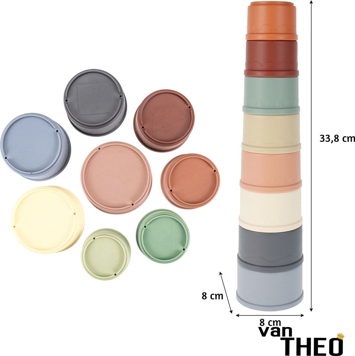 van Theo® Stapeltoren - Stapelbekers - Baby Speelgoed vanaf 0 jaar - Zand Strand Bad Box - Stacking Cups - 8 Kleuren en Vormen - Pastel