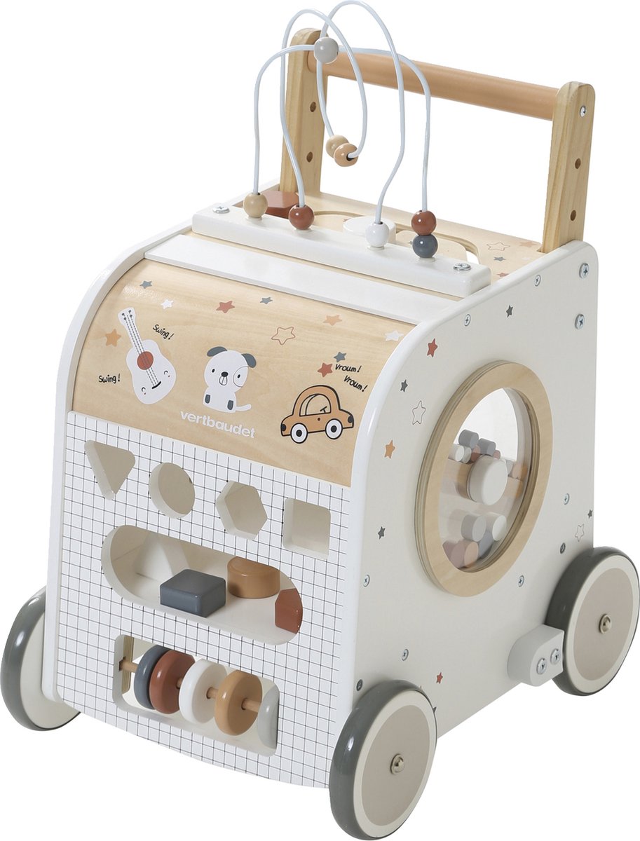 Vertbaudet FSC®-houten loopwagentje met remmen en activiteitenkubus