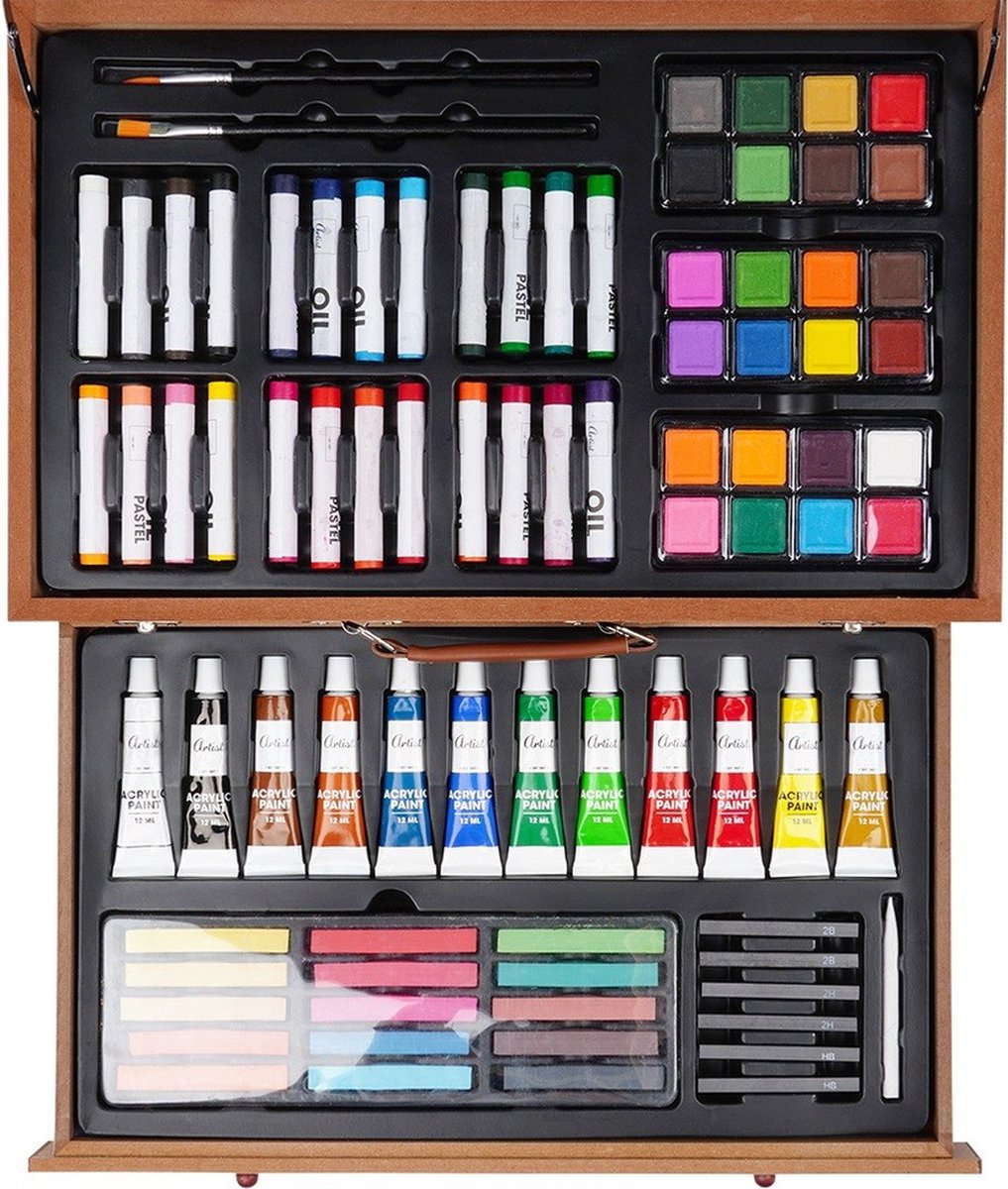 Artistiek Schilderset in Houten Koffer 112 delig - Schilderkit - Schilder Set - Hobby - Verf