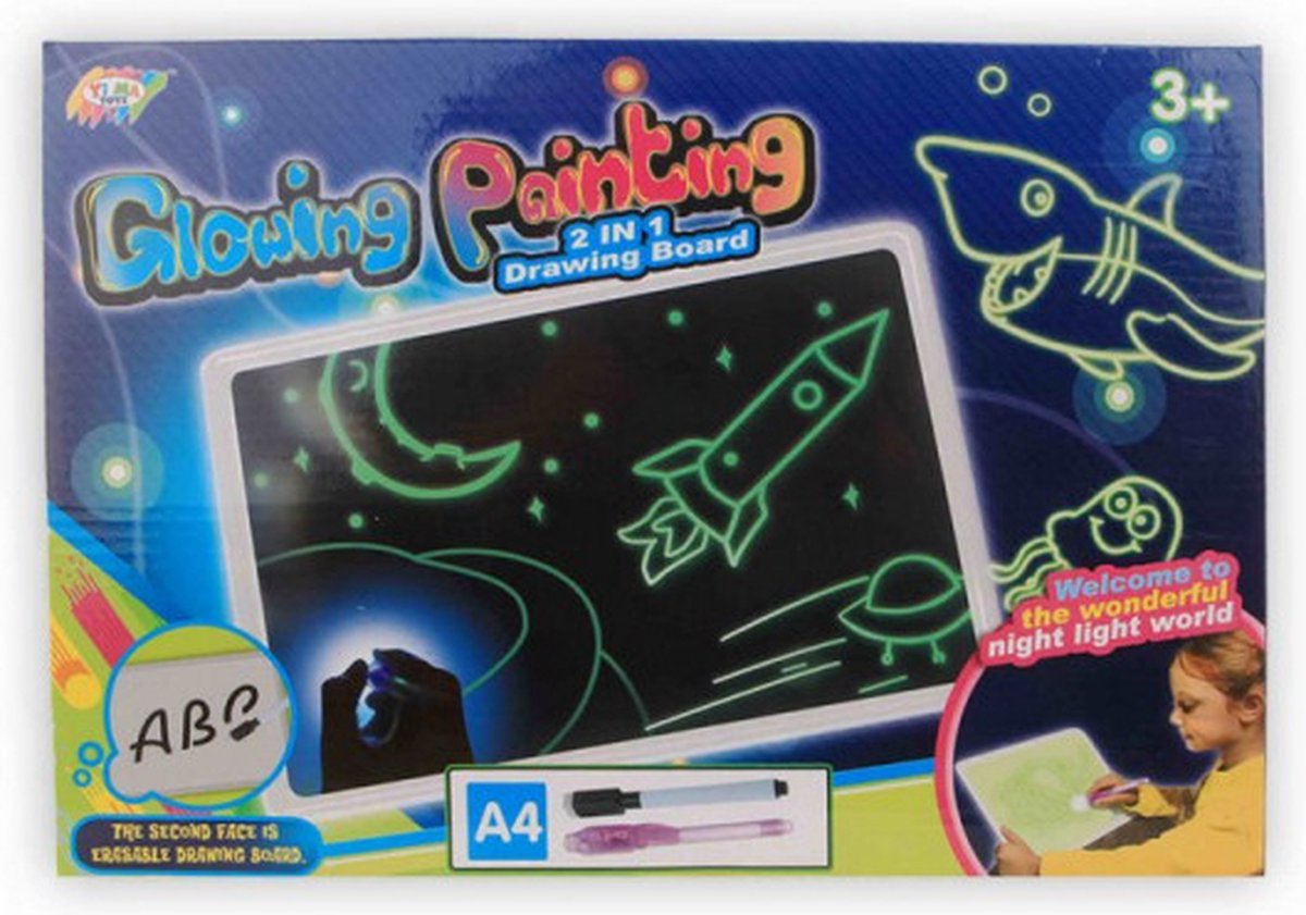 Magisch tekenbord - Glowing - Painting - 2in1 - Glow in the dark - A4 formaat - 3delig - Kinderen - Tekenen - Creatief - Educatief