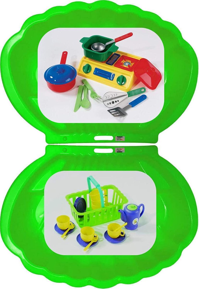 Zandbox zandbak zandschelp schelp groot 108x79cm XL (2X groen + picknickset) Incl. 32-delige keuken- en picknickset