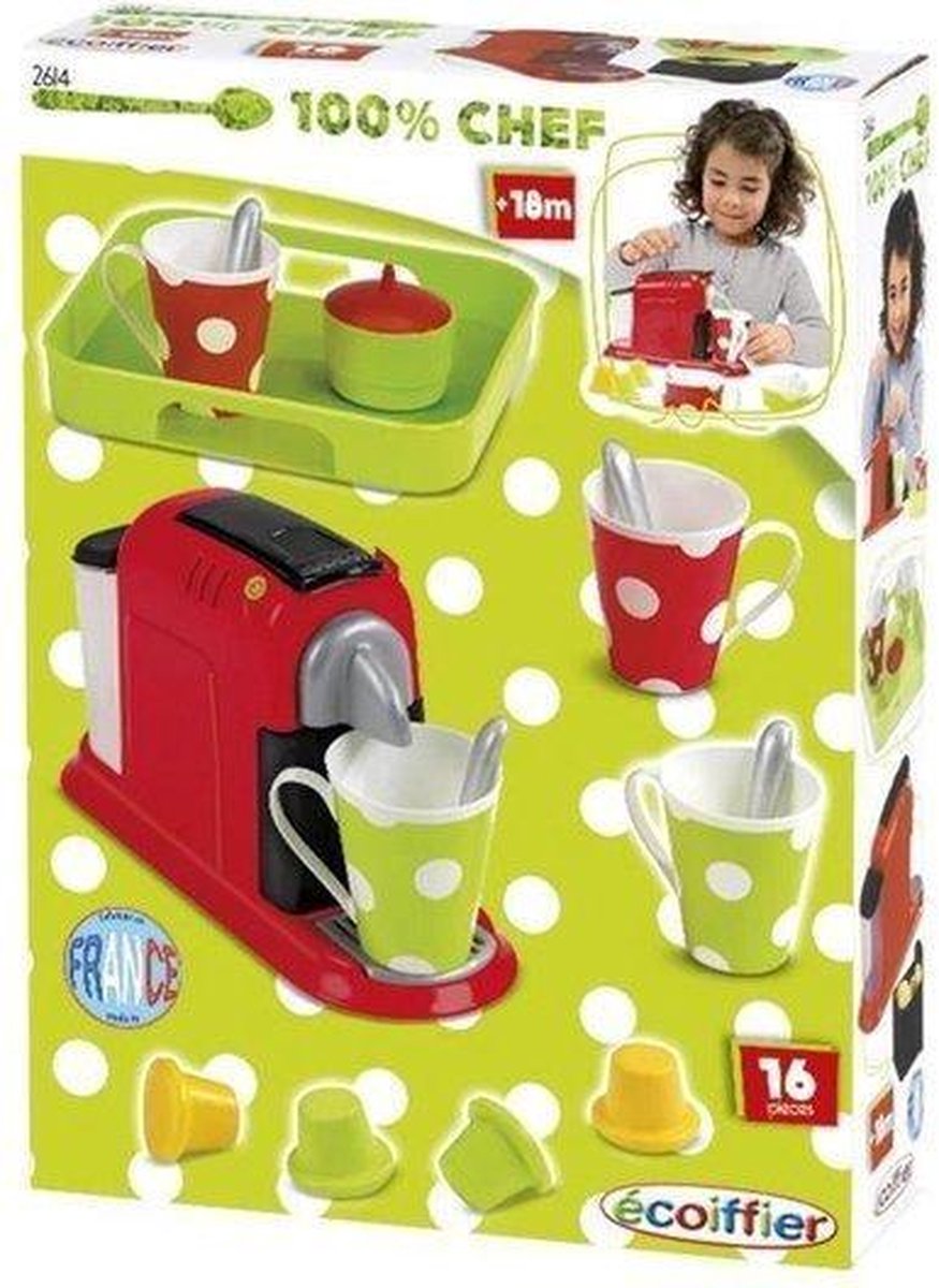 espresso machine kinderspeelgoed - met een dienblad, 4 versierde mokken, 4 theelepels, een suikerpot en capsules