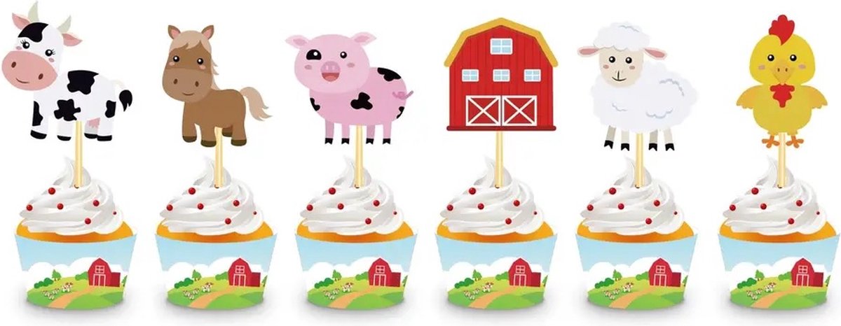 Boerderij Farm Dieren Cupcake Taart Toppers en vormpjes 24 stuks